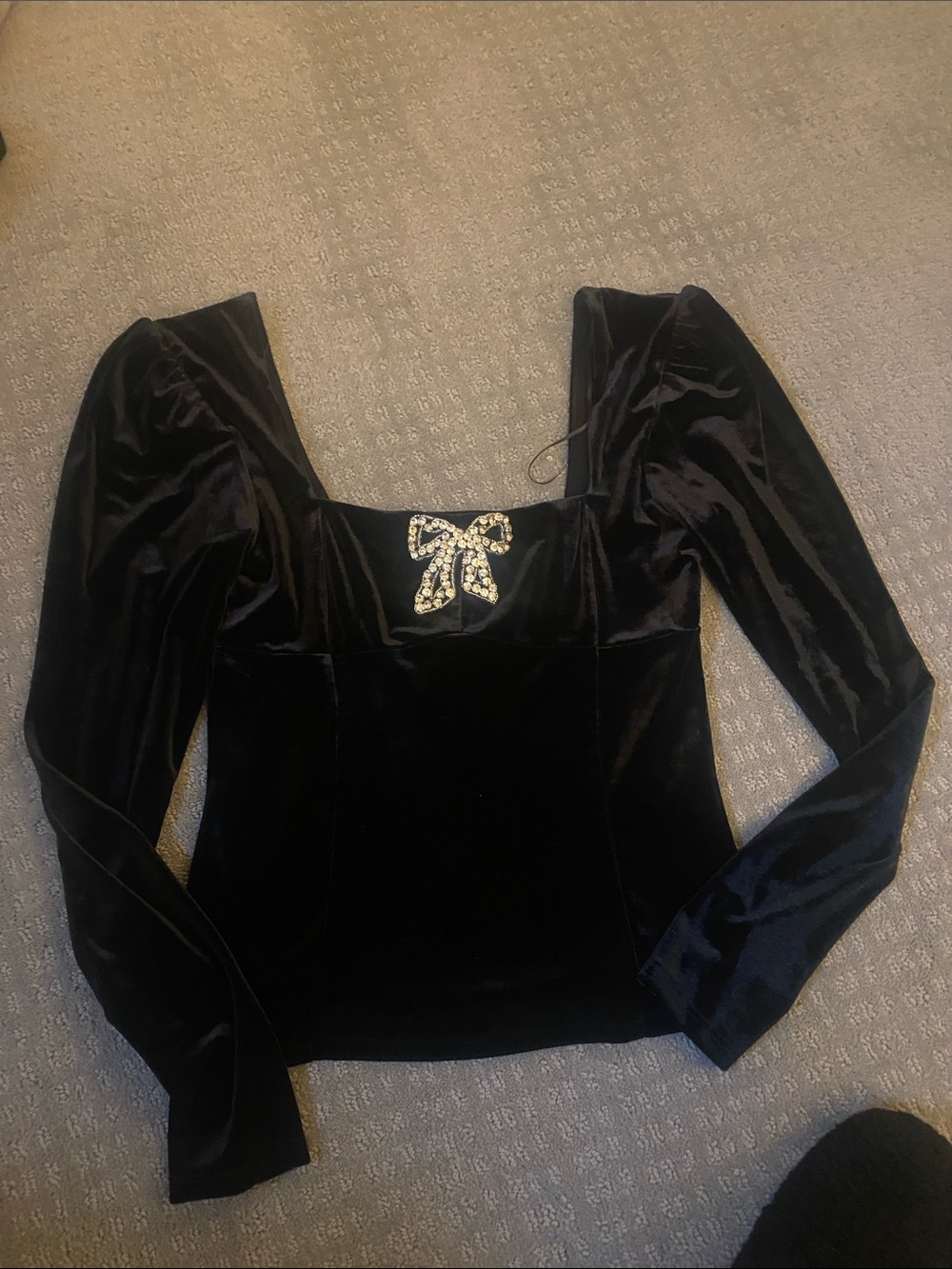Rachel Zoe Black Velvet Long-Sleeve Top with Crystal Bow Size S